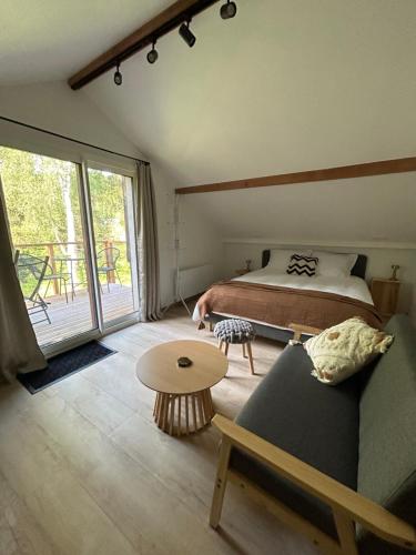 une chambre avec un lit, un canapé et une table dans l'établissement Appartement cosy à 10 minutes de Gérardmer, à Gerbépal