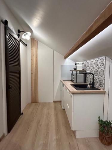 une cuisine avec un évier et un plan de travail dans l'établissement Appartement cosy à 10 minutes de Gérardmer, à Gerbépal