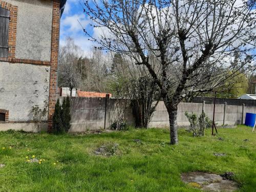 un arbre dans une cour à côté d'une clôture dans l'établissement Les Volets rouges, à Neuvy-sur-Barangeon