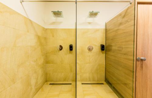 a shower with a glass door in a bathroom at Dacii Liberi Resort and Spa in Petrova