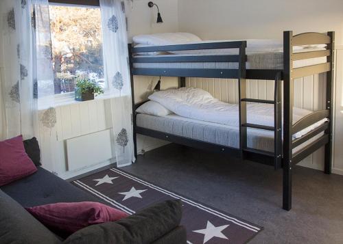 ein Zimmer mit zwei Etagenbetten und einer Couch in der Unterkunft Åsarna Skicenter in Åsarne