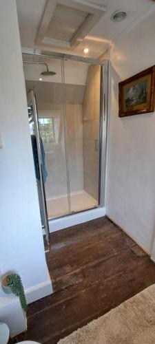 a shower in a room with a glass door at Wilde Escapes in Weston