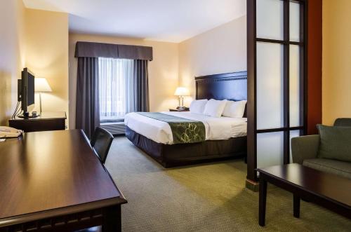 a hotel room with a bed and a chair at Comfort Suites in Gothenburg