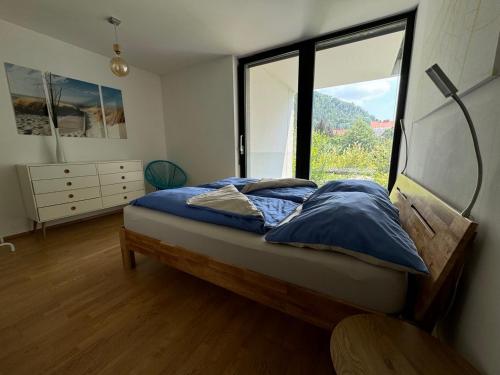 a bedroom with a bed with a large window at Cosy Splendor / City Center in Graz