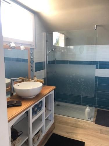 a bathroom with a sink and a glass shower at Chambre dorée in Pleurtuit