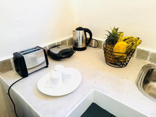 a counter top with a toaster and a plate and pineapple at Lilo Cottages in Watamu