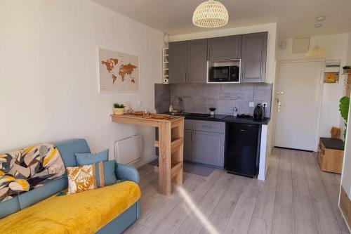 un salon avec un canapé et une cuisine dans l'établissement studio cosy avec vue sur la Seine, à Conflans-Sainte-Honorine