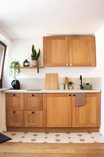 a kitchen with wooden cabinets and a sink at Beskid Balans & SPA in Krynica Zdrój