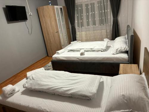 two twin beds in a room with a tv at David și Daria in Vaslui