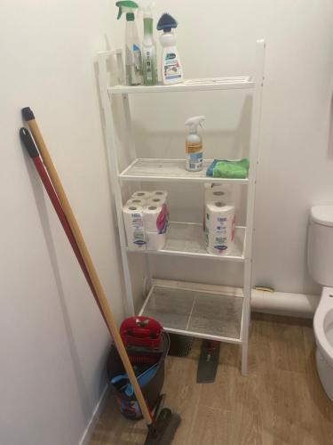 La salle de bains est pourvue de toilettes et d'une serpillière. dans l'établissement Arena La defense nanterre prefecture, à Nanterre