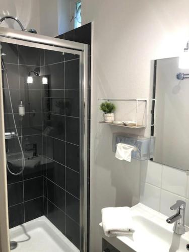 une salle de bain avec douche et lavabo dans l'établissement Appartement cosy à Trouville, à Trouville-sur-Mer
