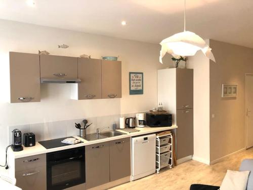 une cuisine avec un évier et un plan de travail dans l'établissement Appartement cosy à Trouville, à Trouville-sur-Mer