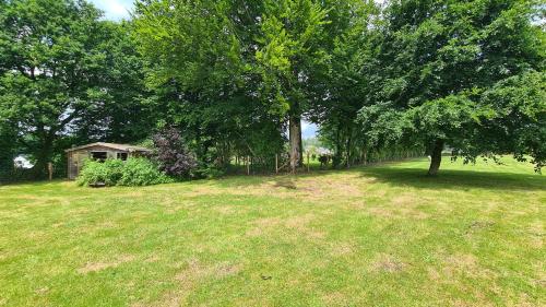 a field with trees and a house in the distance at L'Antre Parenthèse de Sainte-Cécile in Florenville