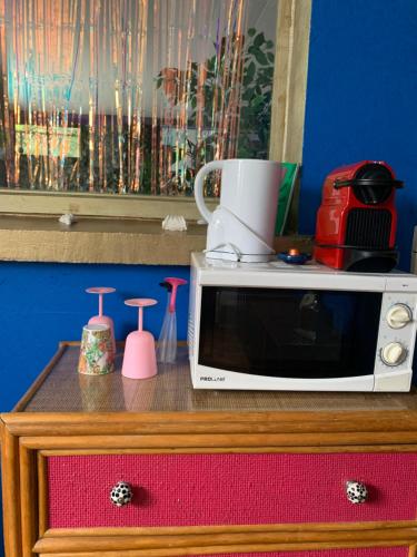 Un four micro-ondes est installé au-dessus d'une armoire en bois. dans l'établissement suite romantique jacuzzi, à Gagny