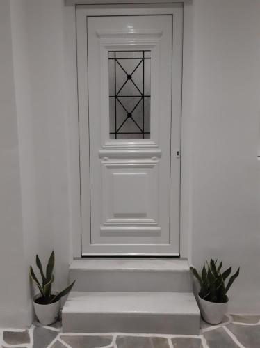 a white door with a window and two potted plants at Flora Suite in Naoussa Paros in Naousa