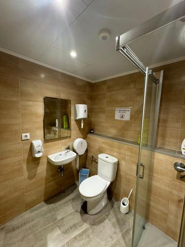 a bathroom with a toilet and a sink at Hostal Restaurant Casa Comaulis in La Vajol