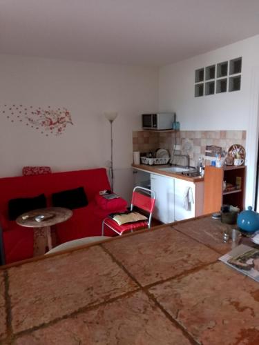 un salon avec un canapé rouge et une cuisine dans l'établissement Grand Studio Gentilly, à Gentilly