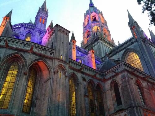 a large building with purple lights on top of it at Le Castel Guesthouse in Bayeux
