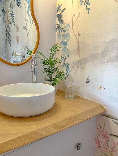 une salle de bain avec un lavabo blanc et un miroir dans l'établissement Un petit bout de Louisiane chambre d'hôtes avec Piscine et Petit Déjeuner, à Chantonnay