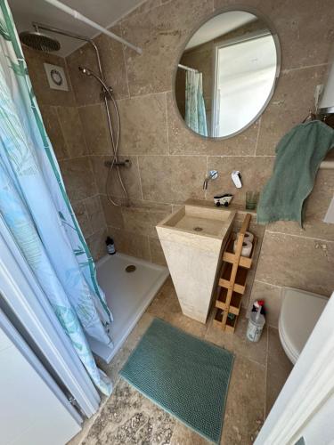 une salle de bain avec un lavabo et un miroir dans l'établissement Ô’ Vue Mer Panoramique Zen, à Bandol
