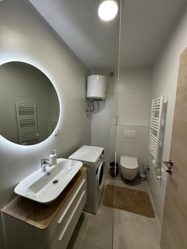 a bathroom with a sink and a toilet and a mirror at Apartment Ivan in Mostar
