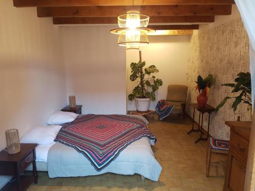 a bedroom with a bed and a chandelier at La Cadette des 2 Frangines in Mazerat-Aurouze