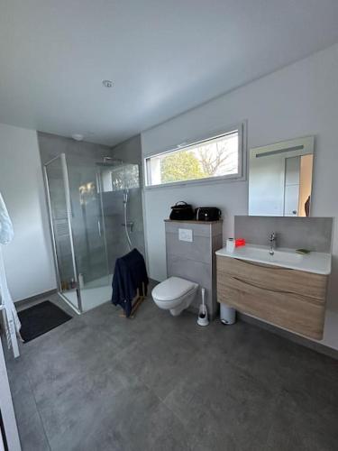 une salle de bain avec toilettes, lavabo et douche dans l'établissement Lokentaz- Maison Familiale, à Saint-Gildas-de-Rhuys