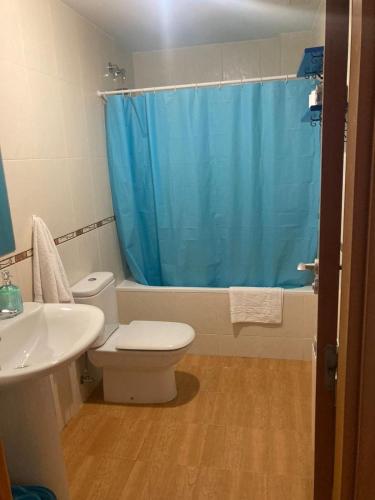 a bathroom with a toilet and a blue shower curtain at AT Refugio del Pirineo in Biescas