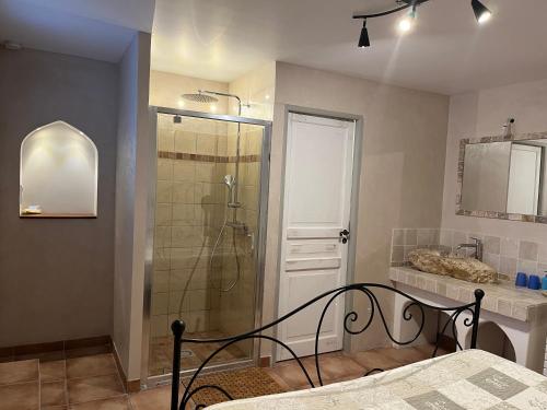ein Schlafzimmer mit Dusche und ein Bett in einem Zimmer in der Unterkunft Logement indépendant Au Bonheur cuisine piscine clim proche centre village #dentelles Montmirrail in Beaumes-de-Venise
