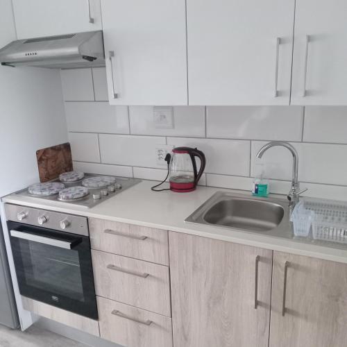 a white kitchen with a sink and a stove at Cederberg Estate in Cape Town