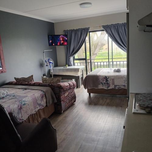 a bedroom with two beds and a tv on the wall at Cederberg Estate in Cape Town