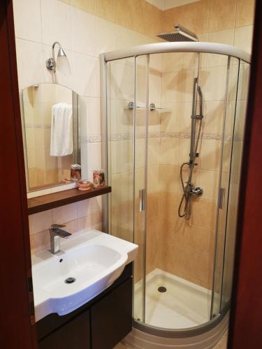 a bathroom with a shower and a sink at Pekný dom s parkovaním in Pribylina