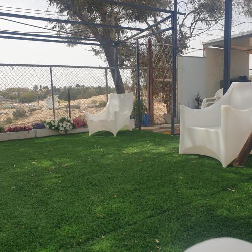 two white chairs sitting on a lawn in a yard at חצבים על הואדי in Arad