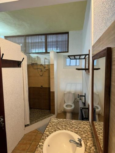 een badkamer met een wastafel, een toilet en een douche bij Les Mangroves in Mahébourg