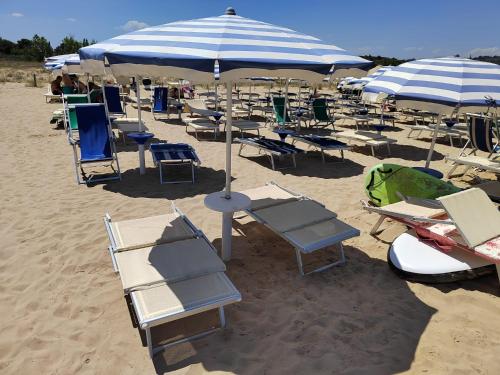 a group of chairs and umbrellas on a beach at "Paradiso Due" Vasto Marina Appartamento a due passi dal mare in Vasto