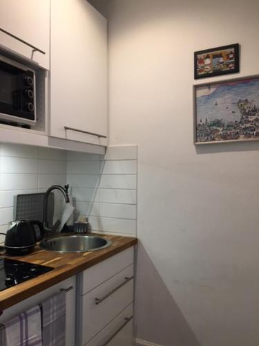 une petite cuisine avec un évier et un micro-ondes dans l'établissement grand studio en plein centre de Trouville, à Trouville-sur-Mer