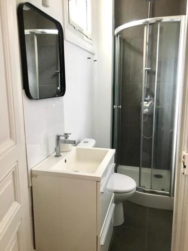 une salle de bain avec un lavabo, une douche et des toilettes dans l'établissement grand studio en plein centre de Trouville, à Trouville-sur-Mer