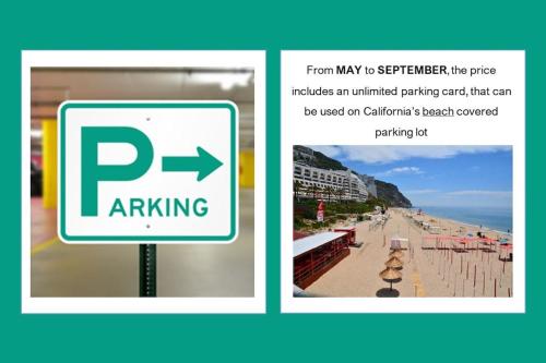 a parking sign next to a beach with a parking sign at Casa das Rosas - Moradia com jardim e churrasco, Charneca da Cotovia in Sesimbra