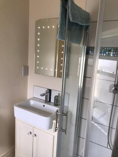a small bathroom with a sink and a shower at The Barn in Tollerton