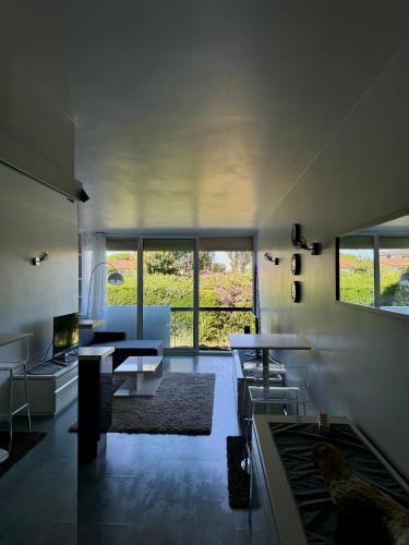 un salon avec des tables et des chaises et une grande fenêtre dans l'établissement Cute studio next to beach, à Saint-Laurent-du-Var