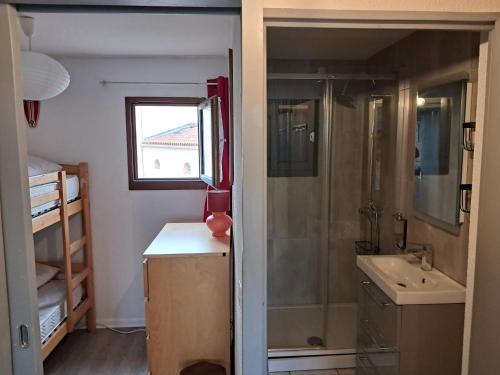 La petite salle de bains est pourvue d'une douche et d'un lavabo. dans l'établissement Appartement vue mer sur marina, à Saint-Cyprien