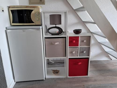 Elle comprend un réfrigérateur blanc et une télévision. dans l'établissement Appartement vue mer sur marina, à Saint-Cyprien