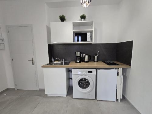 une cuisine avec un évier et une machine à laver dans l'établissement GregBnb - Studio 22m2 - Climatisé -10min Gare - 1, à Toulon