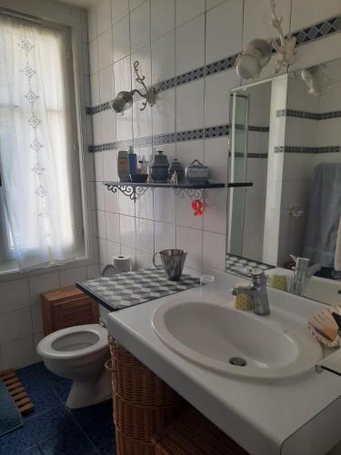 une salle de bain avec un lavabo et des toilettes dans l'établissement Chambres d'hôtes calmes sur jardin Paris Batignolles, à Paris