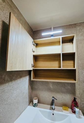 a bathroom with a sink and wooden cabinets at Maison Cosy in Saint-Denis