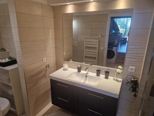une salle de bain avec un lavabo et un miroir dans l'établissement Appartement 42m2, à Hyères