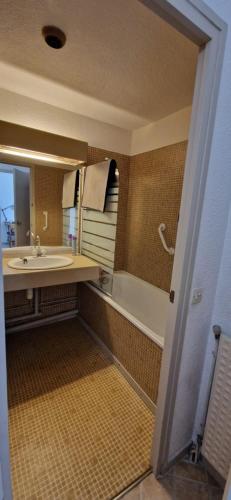 une salle de bain avec un lavabo et une baignoire dans l'établissement Appartement Bidart Plage, à Bidart
