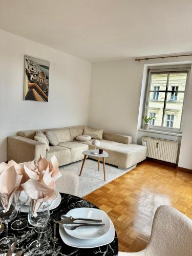 Ruang duduk di Ferienwohnung mit Balkon und Seeblick