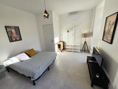 une chambre avec un lit et une cheminée dans l'établissement GregBnb - Studio 23m2 - Climatisé -10min Gare - 5, à Toulon
