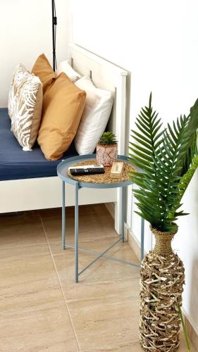 a couch with pillows and a table with a plant at PMP Adamia Apartments in Peyia